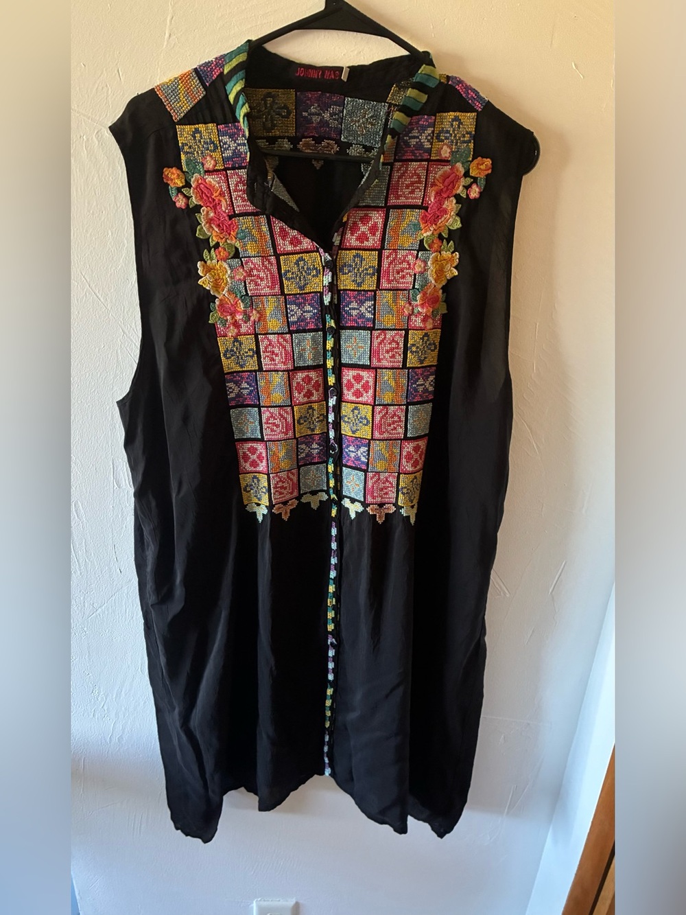Johnny Was Embroidered Crosstich Black Sleeveless Dress XL EUC